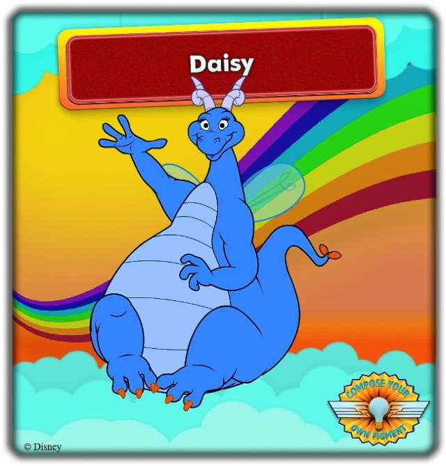 Amy's personalized Figment from the design-your-own lab, featuring her signature color and named after her favorite Disney character.